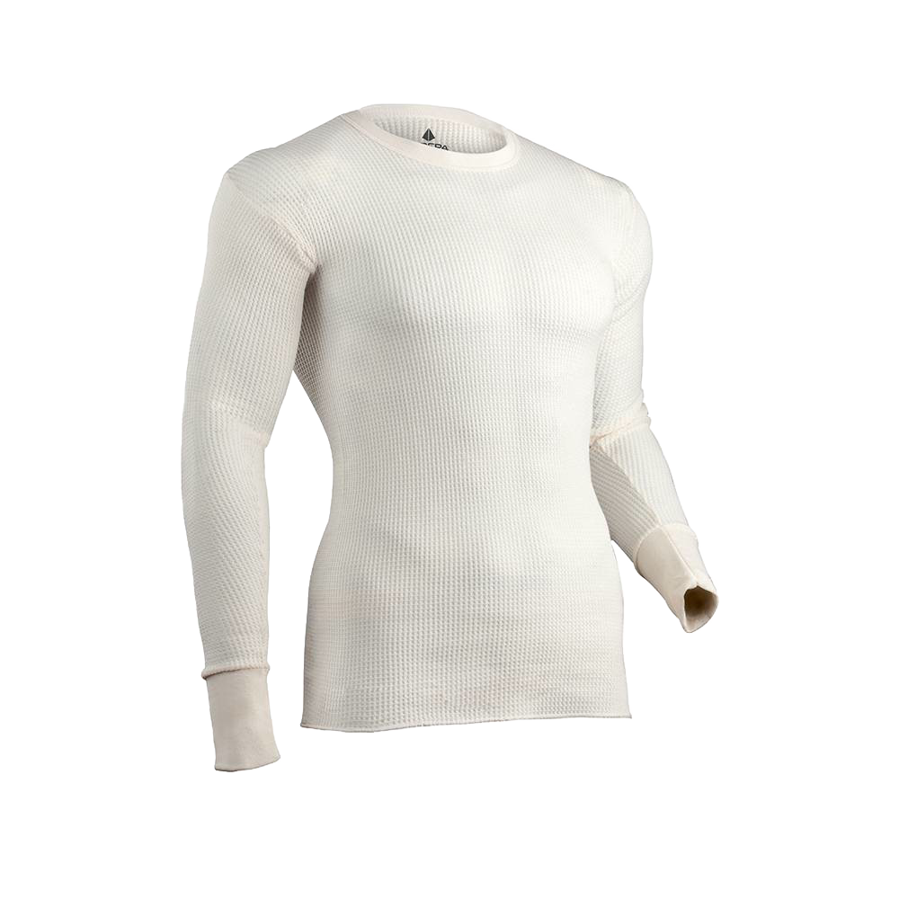 Handcrafted cream-colored men's long johns shirt with circular waffle weave, designed for cold weather warmth, featured in Health & Wellness, Clothing and Accessories, Best Sellers, and Promo Eligible collections.