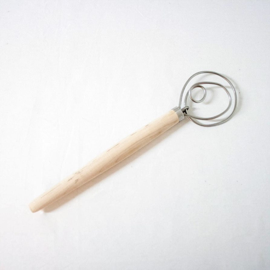 Handcrafted Amish made dough whisk with a smooth wooden handle and two spiral metal wires, perfect for mixing dough in Kitchen & Food, Baking Supplies, and USA Made collections.