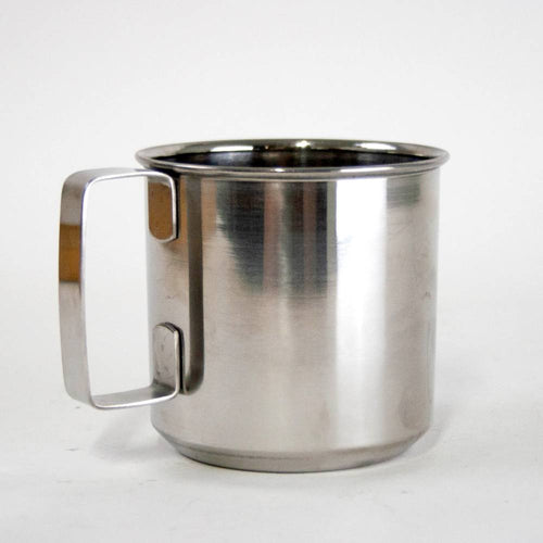 Sturdy stainless steel cup with seamless construction and convenient handle, designed for durability and travel, featured in Kitchen & Food, Dinnerware, and Best Sellers collections.