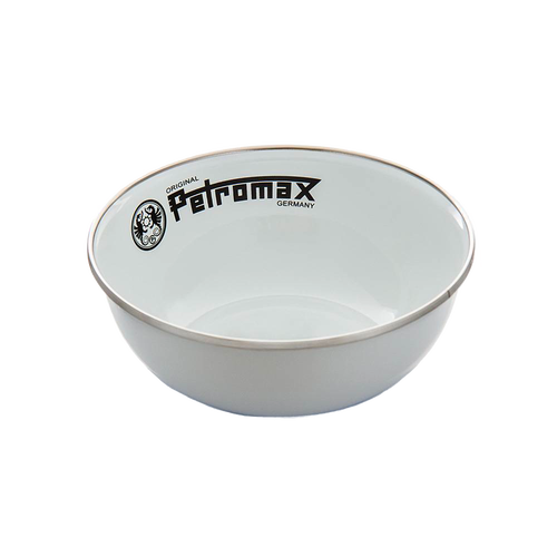 White enamel bowl with subtle black rim and Petromax logo, designed for durable, corrosion- and heat-resistant outdoor use in Farm, Garden & Tool, Kitchen & Food, Camping, Dinnerware, and Best Sellers collections.