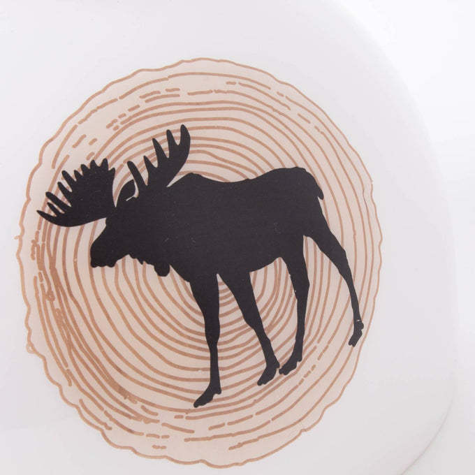 Handcrafted 10-inch glass lamp shade featuring a black moose silhouette centered on a stylized wood grain circle, designed to softly diffuse light, part of Lamps & Lighting, Parts and Accessories, Lamp Shades, Best Sellers, and Promo Eligible collections.