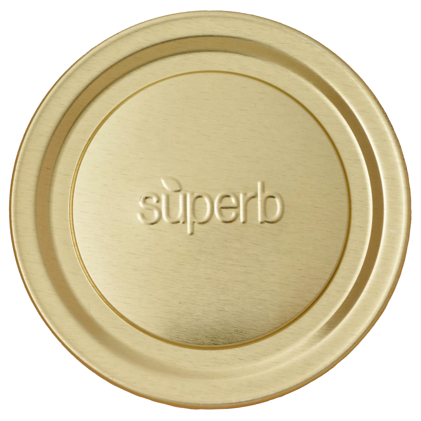 Close-up of a wide mouth, gold-tone canning jar lid embossed with the word superb, designed for secure sealing in food preservation and kitchen use, made in USA.