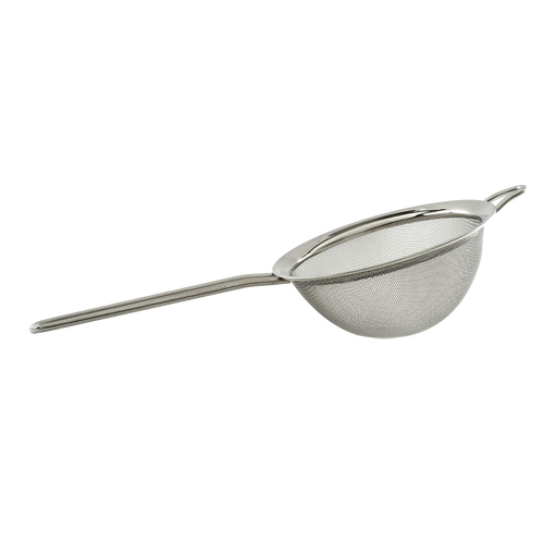 Stainless steel kitchen strainer with fine mesh, long handle, and resting ring for pot or bowl support, crafted for food prep in Kitchen & Food, Gadgets, and Cooking collections.