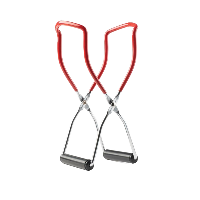 Pair of handcrafted jar lifters with red silicone handles and stainless steel arms, designed for safe handling in Kitchen & Food, Food Preservation, and Canning collections.