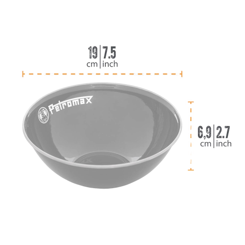 Gray enamel bowl with Petromax logo, crafted for durability with resistance to corrosion, heat, and scratches, suitable for Farm, Garden & Tool, Kitchen & Food, Camping, Dinnerware, Best Sellers, and Promo Eligible collections.