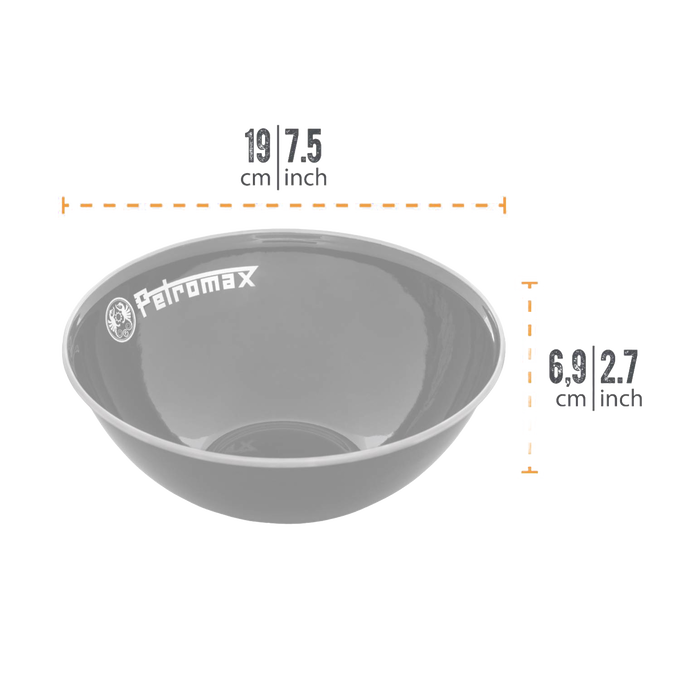 Gray enamel bowl with Petromax logo, crafted for durability with resistance to corrosion, heat, and scratches, suitable for Farm, Garden & Tool, Kitchen & Food, Camping, Dinnerware, Best Sellers, and Promo Eligible collections.