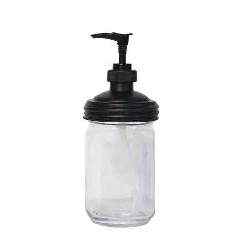 Clear glass jar fitted with a black eco-friendly soap pump lid for regular-mouth jars, made in USA, ideal for Health & Wellness, Home & Decor, and Household Helpers collections at Lehman’s.