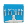 Set of six stainless steel decorating tips and a reusable 10" plastic piping bag arranged on blue packaging, designed for cake and pastry decorating in kitchen and baking supplies collections.
