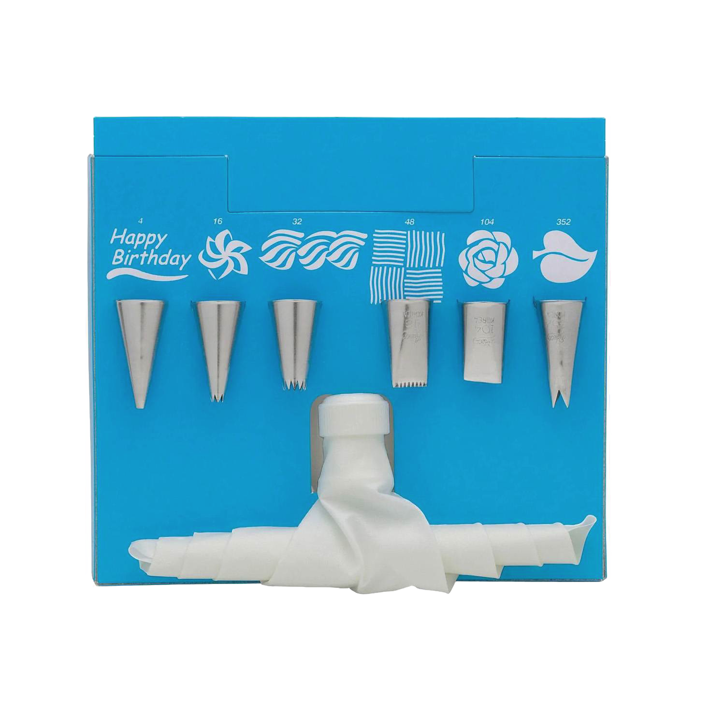 Set of six stainless steel decorating tips and a reusable 10" plastic piping bag arranged on blue packaging, designed for cake and pastry decorating in kitchen and baking supplies collections.