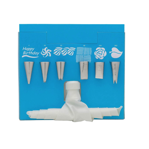 Set of six stainless steel decorating tips and a reusable 10" plastic piping bag arranged on blue packaging, designed for cake and pastry decorating in kitchen and baking supplies collections.