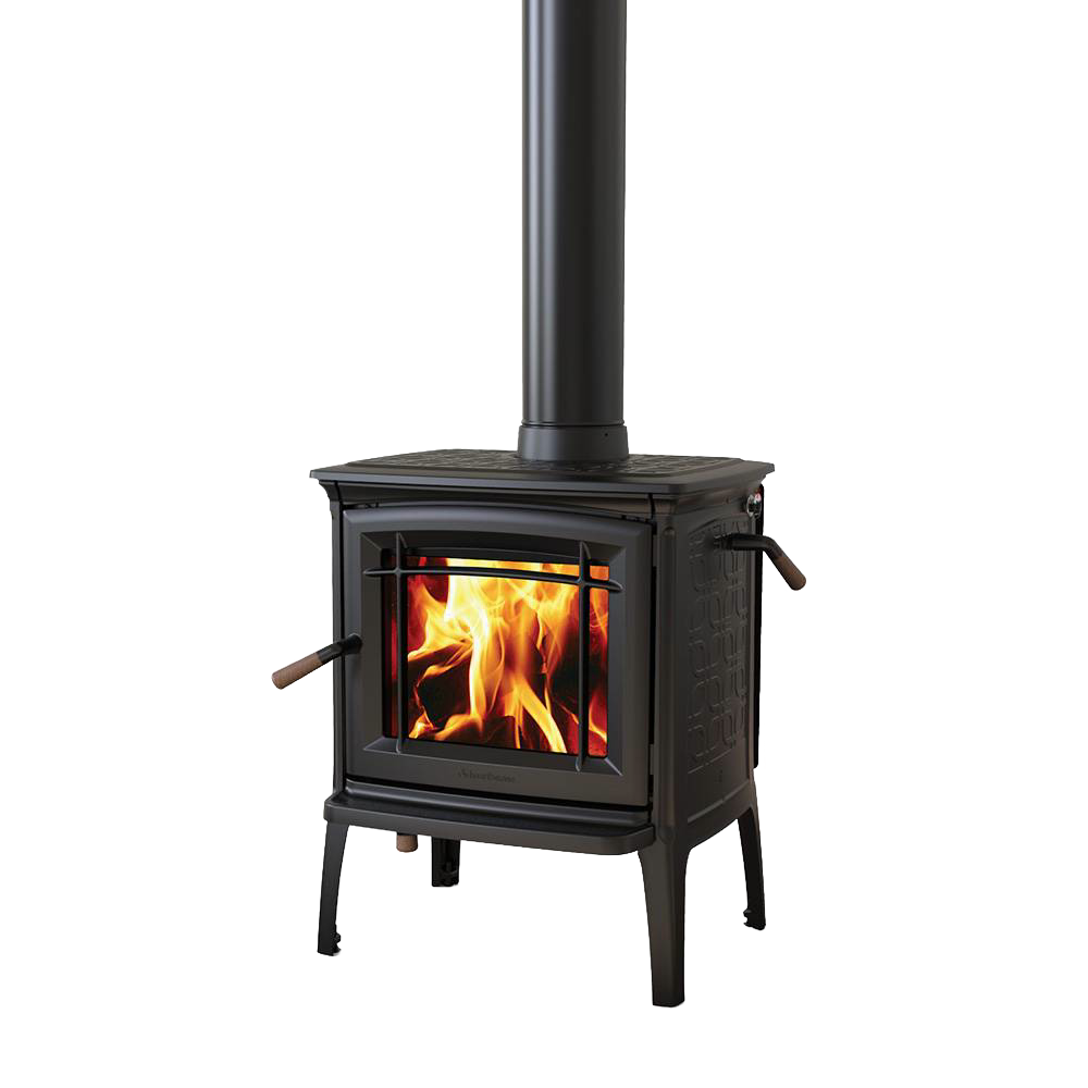 Compact black cast iron wood stove with a clean-burning TruHybrid combustion system, visible flames through front glass, standing on four legs with side handles, part of best-selling heatstoves collection.