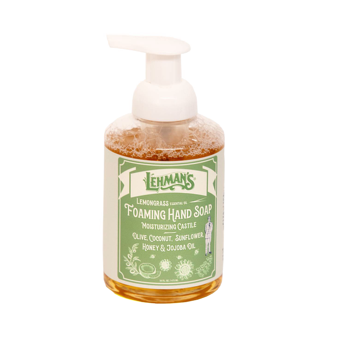 Clear bottle of Lehman's moisturizing foaming hand soap with lemongrass scent, crafted with natural oils and honey, made in USA, perfect for Health & Wellness and Grooming collections.