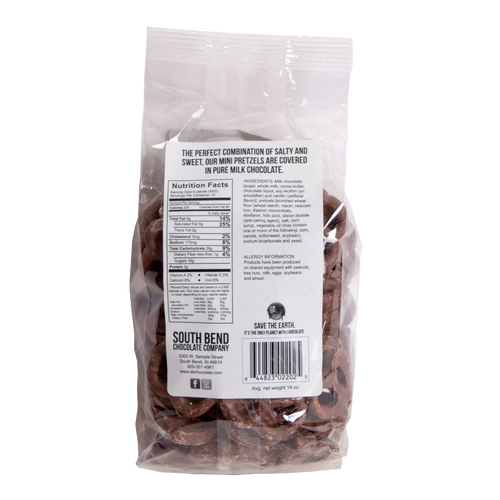 Clear resealable bag of handcrafted chocolate covered mini pretzels in milk chocolate, made in USA, a delicious snack from Kitchen & Food, Food, Snacks and Sweets, Candy, USA Made, Best Sellers, and Promo Eligible collections.