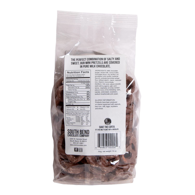 Clear resealable bag of handcrafted chocolate covered mini pretzels in milk chocolate, made in USA, a delicious snack from Kitchen & Food, Food, Snacks and Sweets, Candy, USA Made, Best Sellers, and Promo Eligible collections.