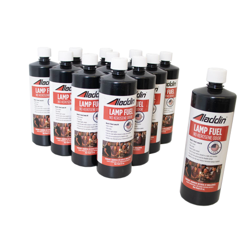 Group of black 32 oz bottles of Aladdin genuine lamp fuel featuring red and white labels emphasizing no kerosene odor, ideal for Lamps & Lighting, Lamp and Lantern Fuel, Best Sellers, and Promo Eligible collections.