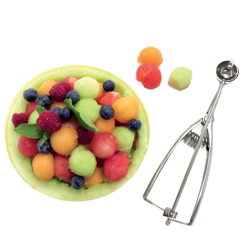 Handcrafted stainless steel scoop with spring release beside a melon bowl filled with assorted melon balls, blueberries, and raspberries, ideal for Kitchen & Food, Cookware, Baking Supplies, Kitchen Gadgets, and Best Sellers collections.