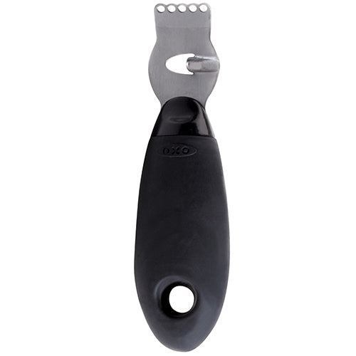 Ergonomic stainless steel canning jar lid remover with black soft-grip handle and hole for hanging, ideal for kitchen and food preservation tasks.