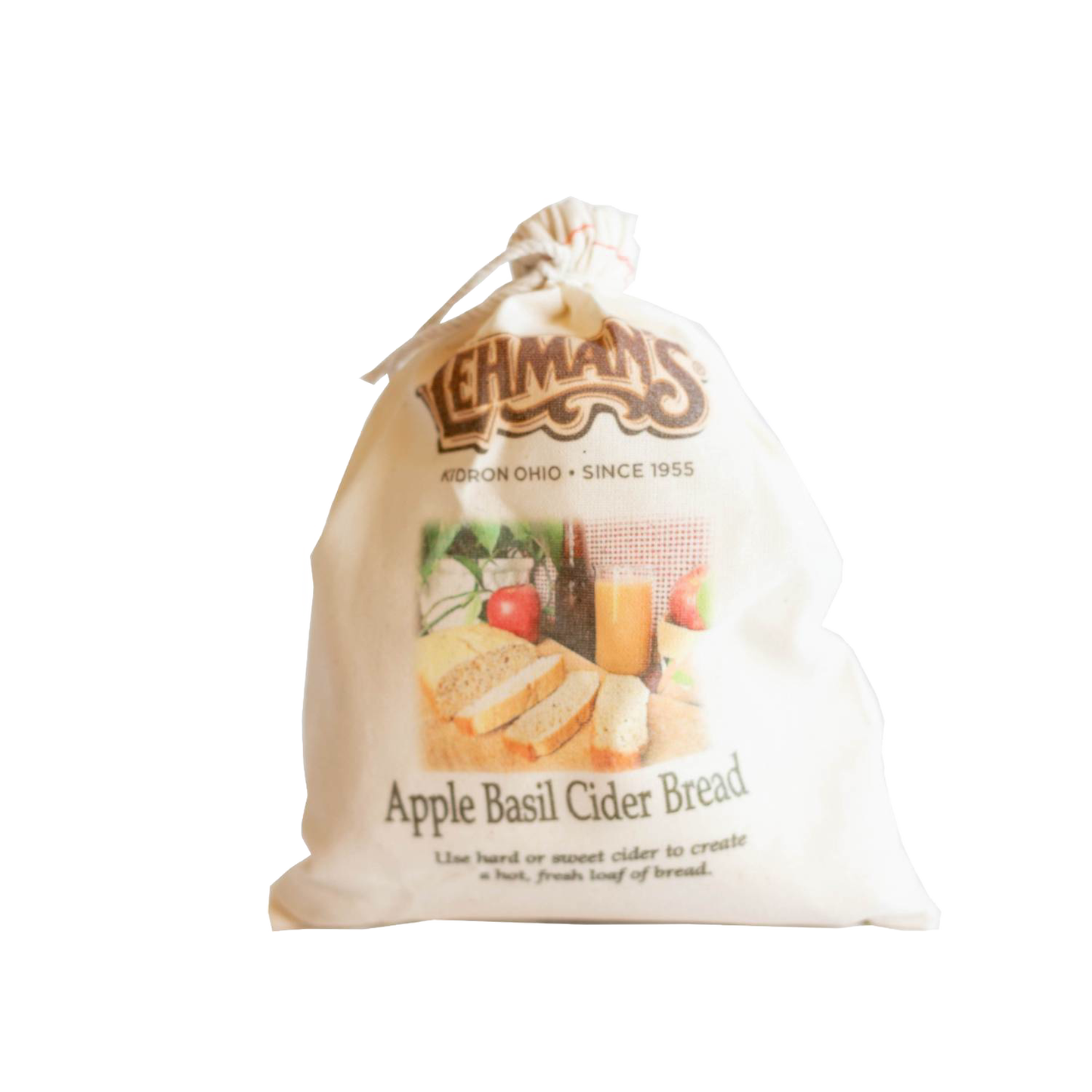 Soft fabric drawstring bag featuring handcrafted Apple Basil Cider Bread mix with rustic branding and baking instructions, ideal for Kitchen & Food, Pantry, Dry Goods and Mixes, Best Sellers, Promo Eligible collections.
