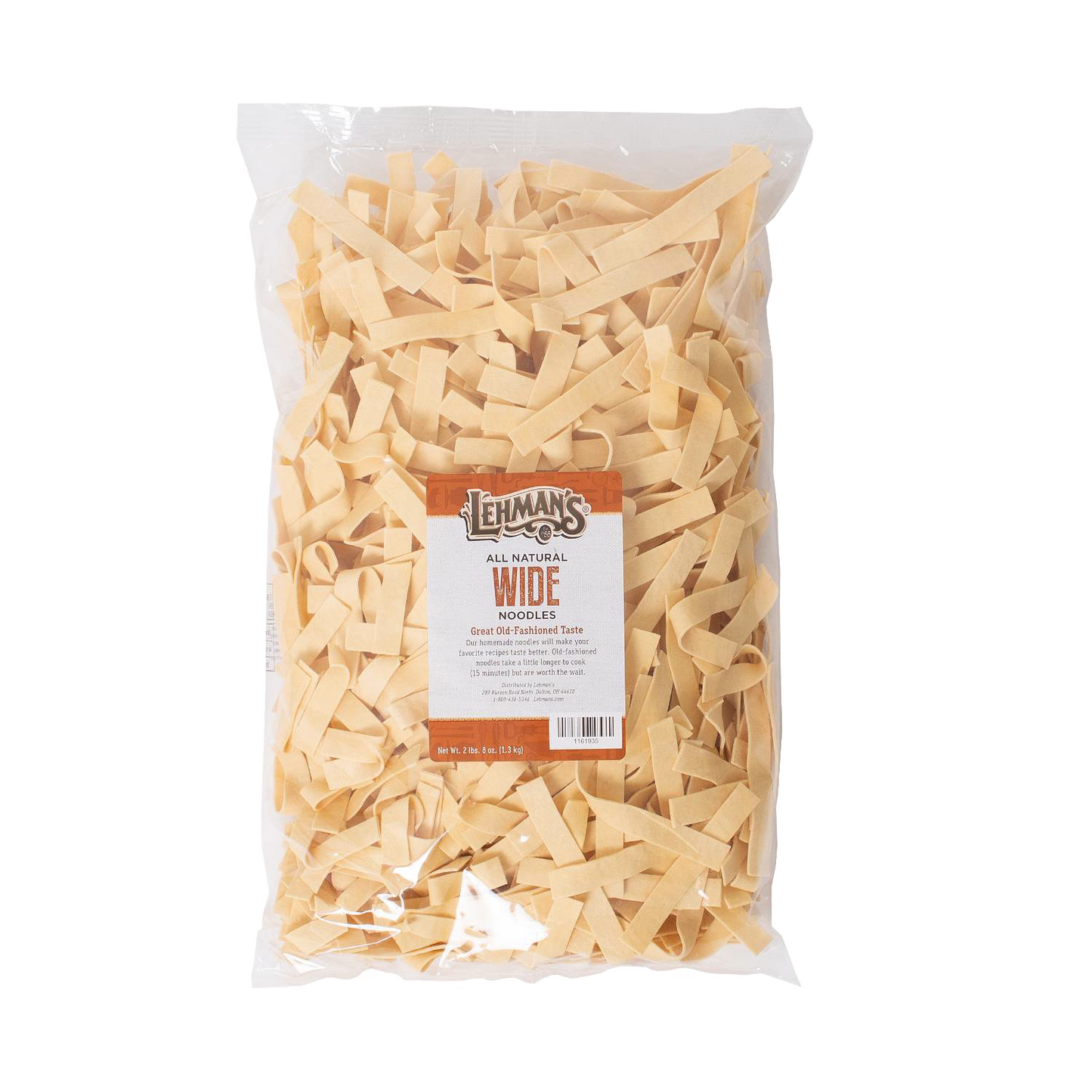 Transparent plastic bag containing handcrafted wide egg noodles with a natural golden hue, made in USA, ideal for Kitchen & Food, Pantry, USA Made, Best Sellers, and Promo Eligible collections.