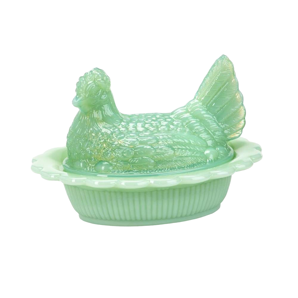 Glossy light green hand-pressed glass hen-shaped covered dish, handcrafted in the USA, ideal for Kitchen & Food, Storage and Serving, Best Sellers, and Promo Eligible collections.