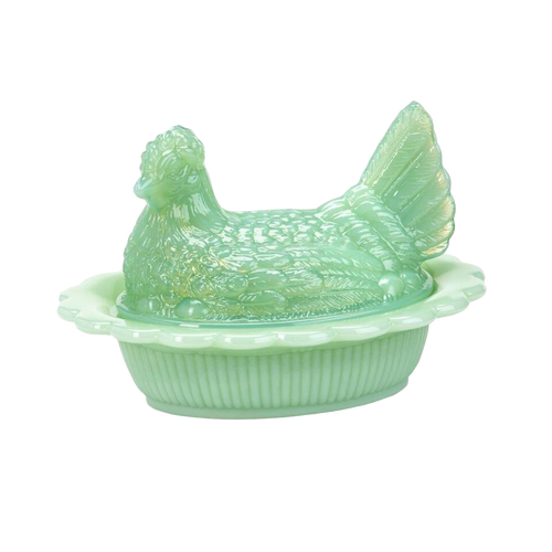 Glossy light green hand-pressed glass hen-shaped covered dish, handcrafted in the USA, ideal for Kitchen & Food, Storage and Serving, Best Sellers, and Promo Eligible collections.