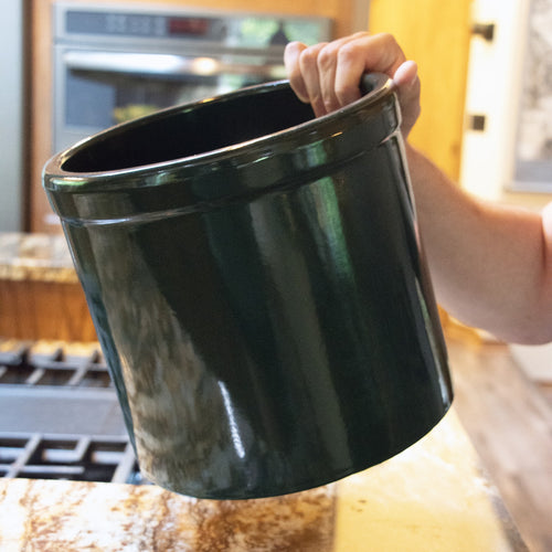 Handcrafted 2-gallon stoneware crock in dark green with a smooth, lead-free food-safe glaze, made in USA for Kitchen & Food, Food Preservation, and Fermenting collections.