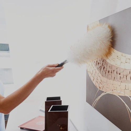 Handcrafted lamb's wool duster with soft natural fibers and a wooden handle, designed for gentle dusting of decor and delicate surfaces, part of USA Made and Home & Decor collections.