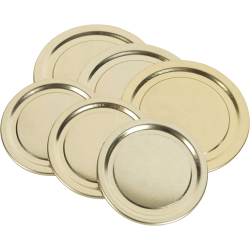 Set of six wide-mouth metal canning jar lids in a smooth, gold-tone finish, engineered for reliable sealing and food preservation in Kitchen & Food and Canning collections.