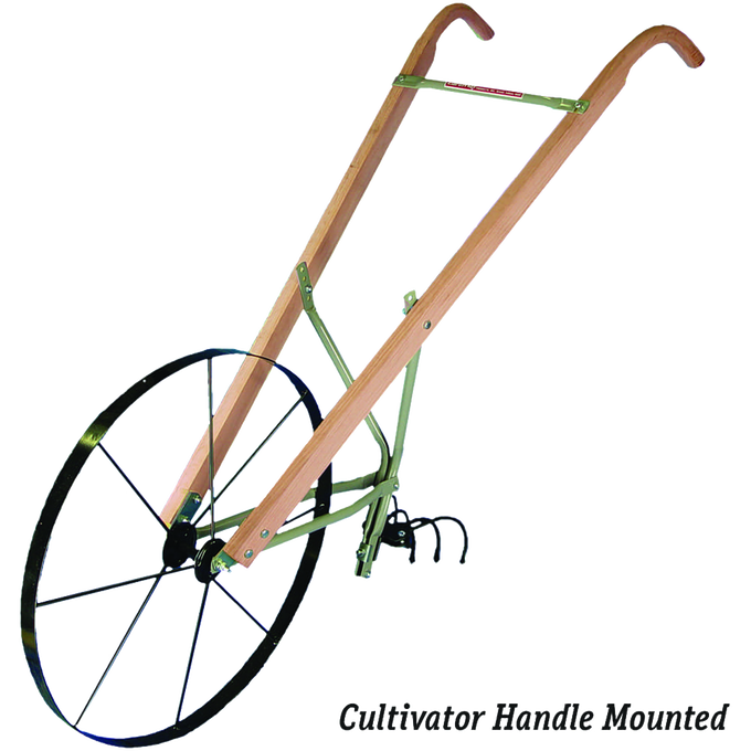 Amish handcrafted plow and cultivator handles made from durable #1 grade hardwood with a smooth finish, mounted on a green metal frame with a large spoked wheel, featured in Farm, Garden & Tool, Digging and Cultivating, Best Sellers, and Promo Eligible collections.