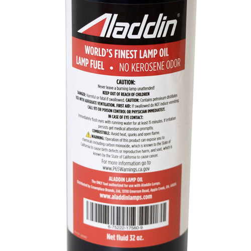 Close-up of a black 32 oz bottle of Aladdin lamp fuel with a red and white label emphasizing no kerosene odor, designed for use in lamps and lanterns in Lamps & Lighting, Parts and Accessories, and Lamp and Lantern Fuel collections.