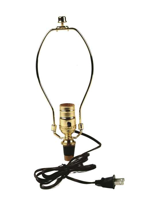 Brass-plated lamp harp with push-thru socket, adjustable cork adapter, and six-foot cord, designed for easy electric light conversions; part of Lamps & Lighting, Parts and Accessories, and Best Sellers collections.