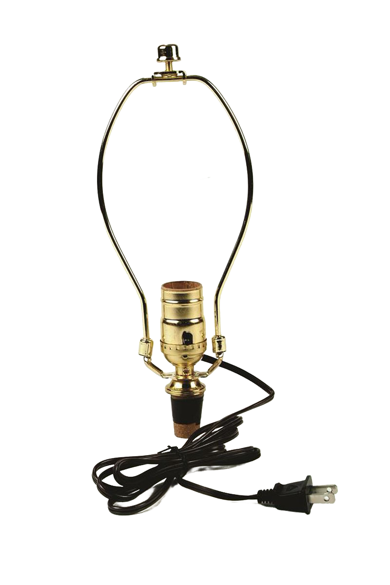 Brass-plated lamp harp with push-thru socket, adjustable cork adapter, and six-foot cord, designed for easy electric light conversions; part of Lamps & Lighting, Parts and Accessories, and Best Sellers collections.