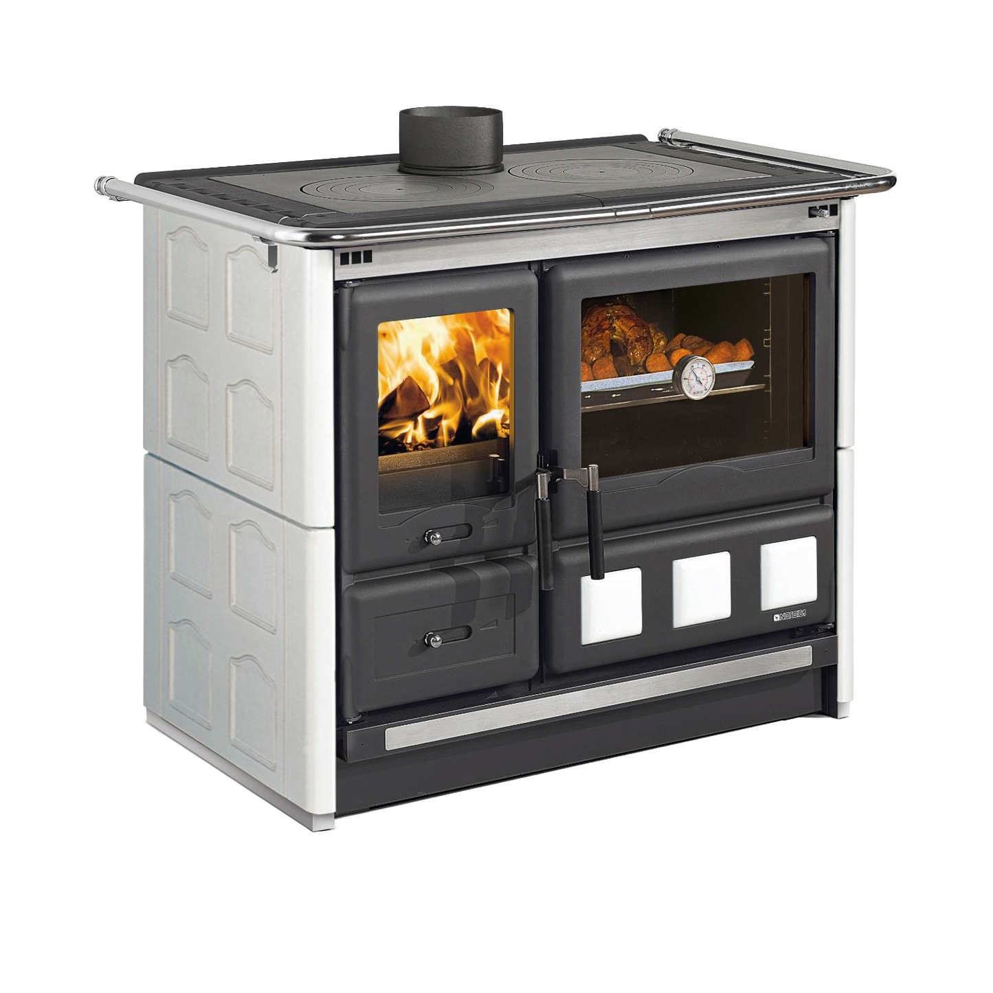 Large wood cook stove with porcelain enameled steel oven featuring a viewing window and internal thermometer, cast iron top cooking plates, extractable ash drawer, and cast iron hearth, ideal for Stoves, Cookstoves, Best Sellers, and All Stoves & Appliances collections.