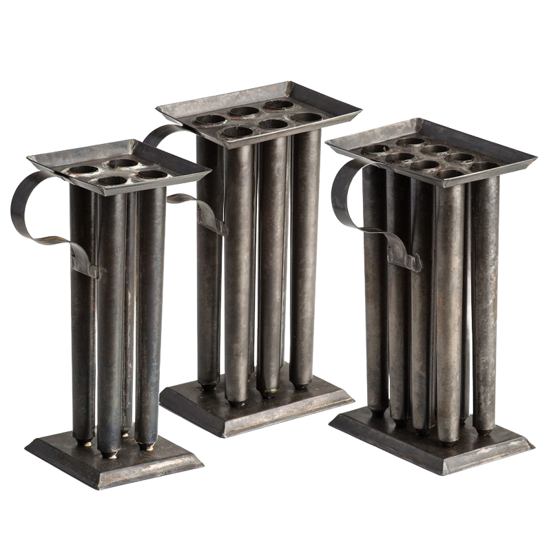 Set of three handcrafted tin molds with tubular candle compartments and sturdy handles, designed for creating sharp-tapered candles, ideal for Lamps & Lighting and Candlemaking Supplies collections.