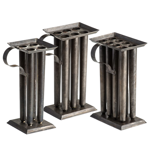 Set of three handcrafted tin molds with tubular candle compartments and sturdy handles, designed for creating sharp-tapered candles, ideal for Lamps & Lighting and Candlemaking Supplies collections.