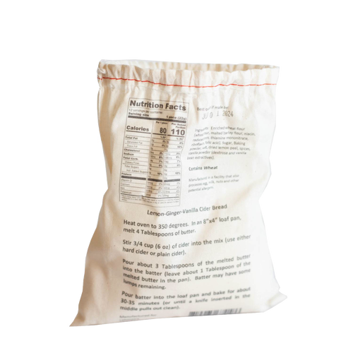 Soft fabric bag showcasing handcrafted Lemon-Ginger-Vanilla Cider bread mix with baking instructions and nutrition facts, perfect for Kitchen & Food, Pantry, Dry Goods and Mixes, Best Sellers, and Promo Eligible collections.