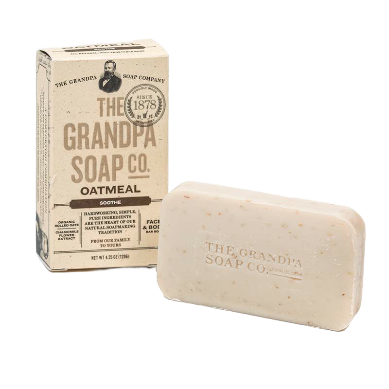Handcrafted bar soap made in USA with oatmeal and natural ingredients, designed for gentle exfoliation and soft skin, featured in Health & Wellness and Grooming collections.