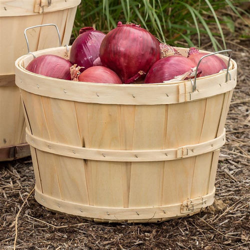 Handcrafted raw poplar wood half bushel basket with metal wire handles filled with fresh red onions, perfect for Farm, Garden & Tool, Garden Accessories, USA Made, Best Sellers collections.