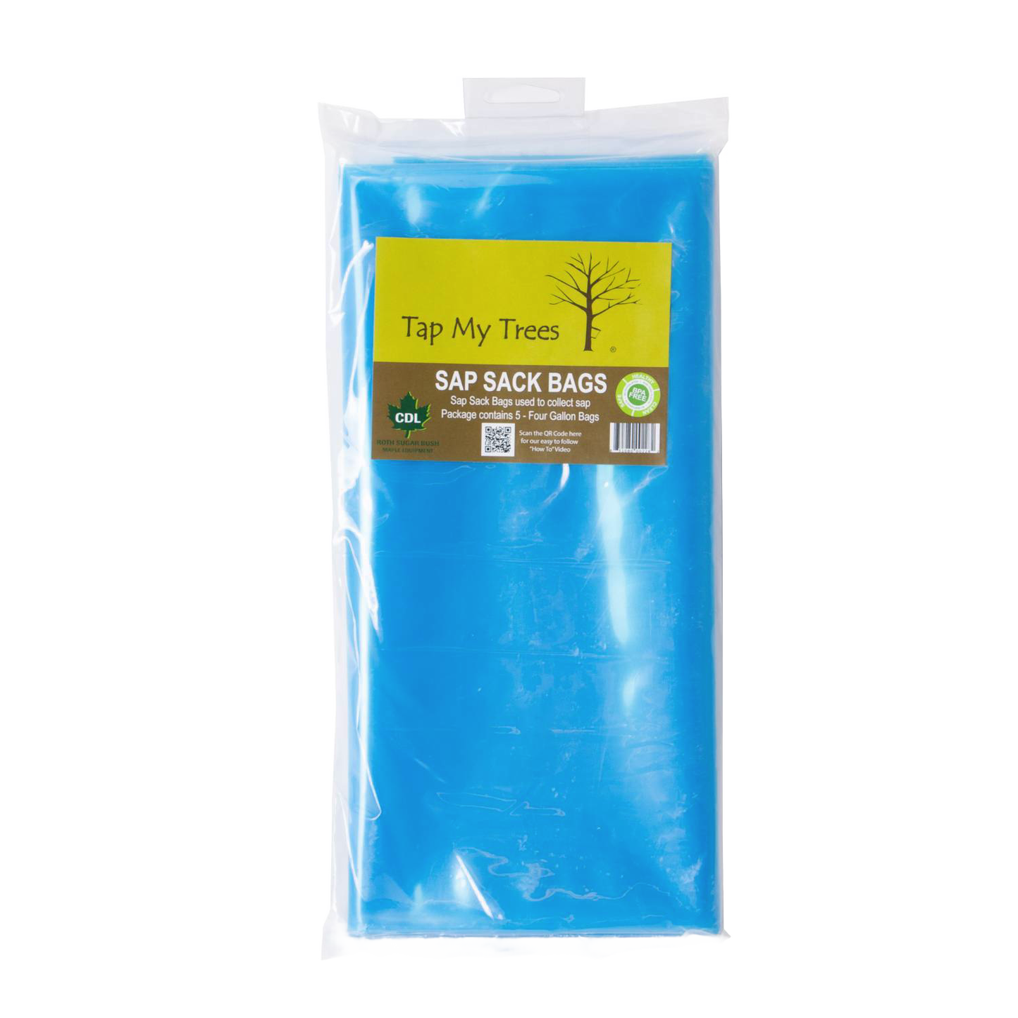 Blue semi-transparent sap collection bags in clear packaging with green and yellow label, designed for maple sugaring; featured in Farm, Garden & Tool, Orchard and Grove, Maple Syrup Sugaring Supplies, Best Sellers, Promo Eligible collections.