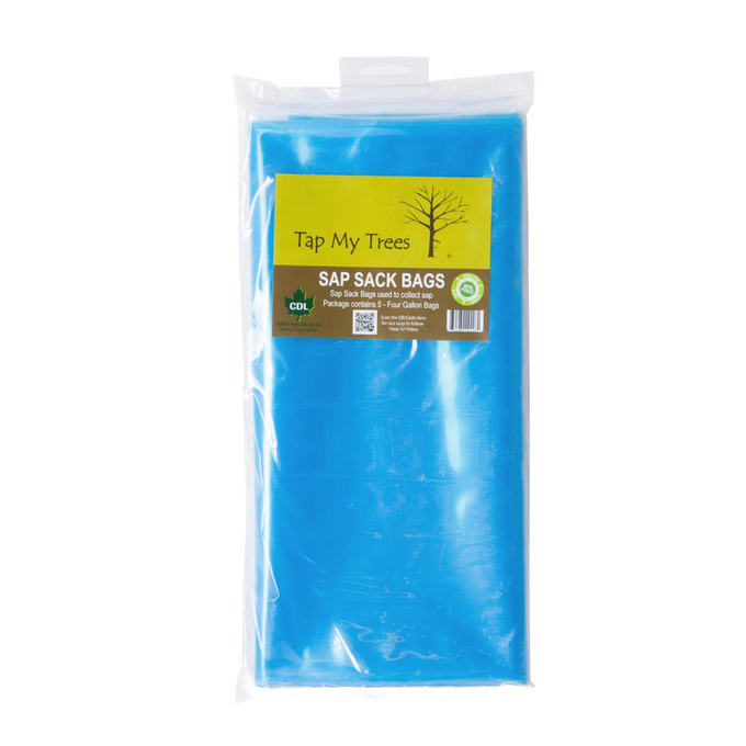 Blue semi-transparent sap collection bags in clear packaging with green and yellow label, designed for maple sugaring; featured in Farm, Garden & Tool, Orchard and Grove, Maple Syrup Sugaring Supplies, Best Sellers, Promo Eligible collections.