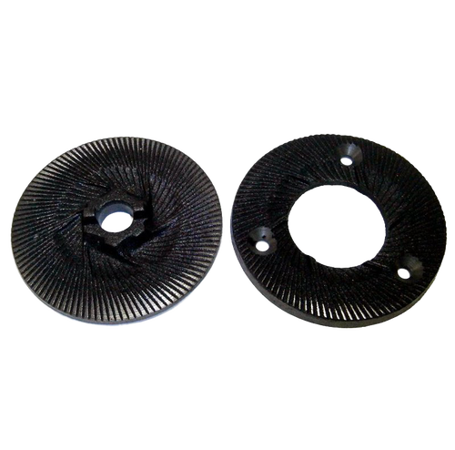 Set of two black grinding burrs designed to customize grain texture for Kitchen & Food, Grain Mills, Best Sellers, Bread Making Supplies, and Promo Eligible collections.