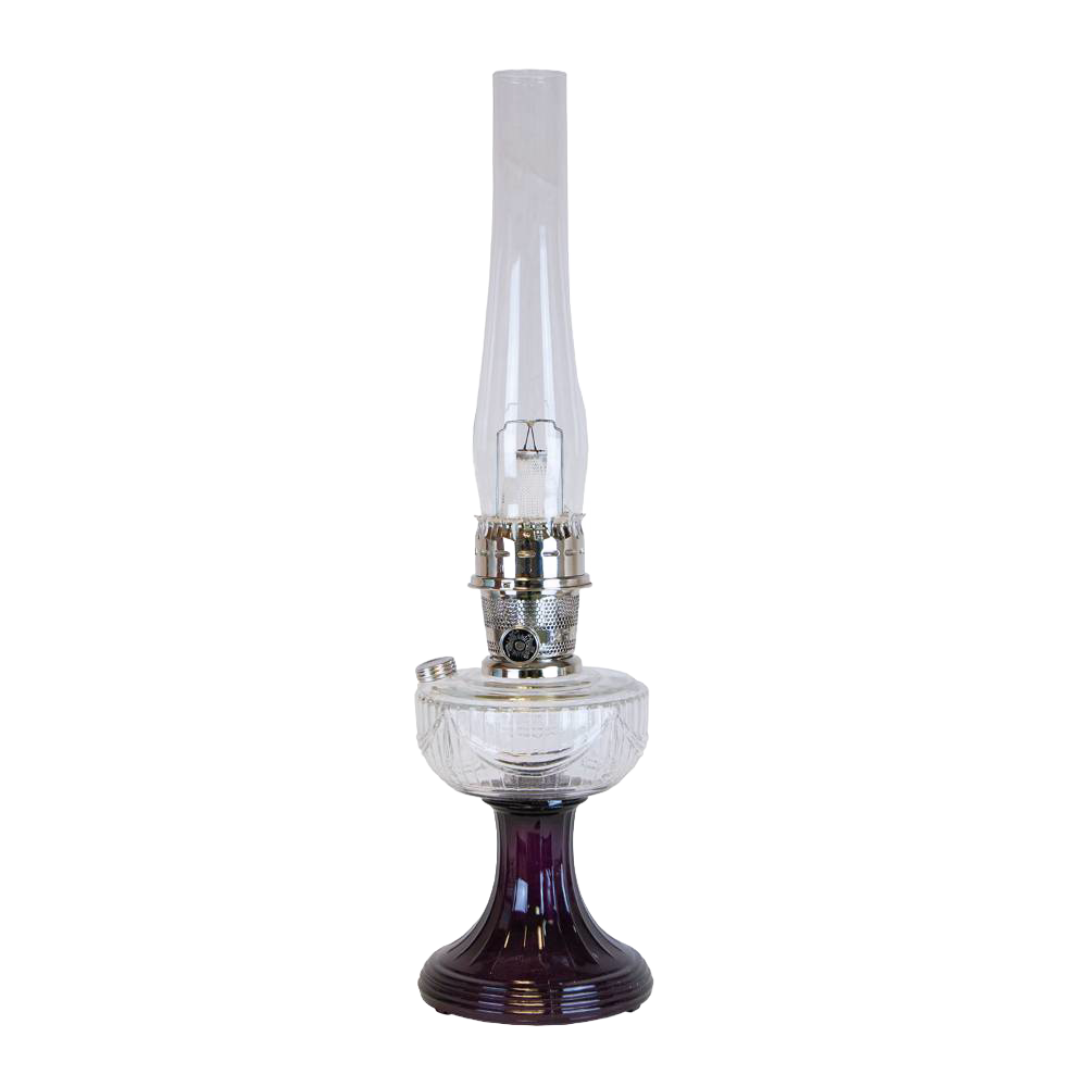 Handcrafted oil lamp featuring a clear glass font over a deep amethyst glass pedestal base with a tall glass chimney, suitable for Lamps & Lighting, Oil Lamps, Table Lamps, and Best Sellers collections.