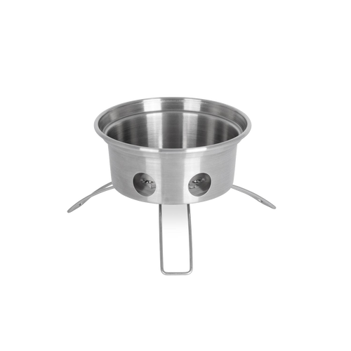 Stainless steel portable fire kettle base with vent holes and foldable legs, designed for outdoor camping, emergency use, and garden tool collections.