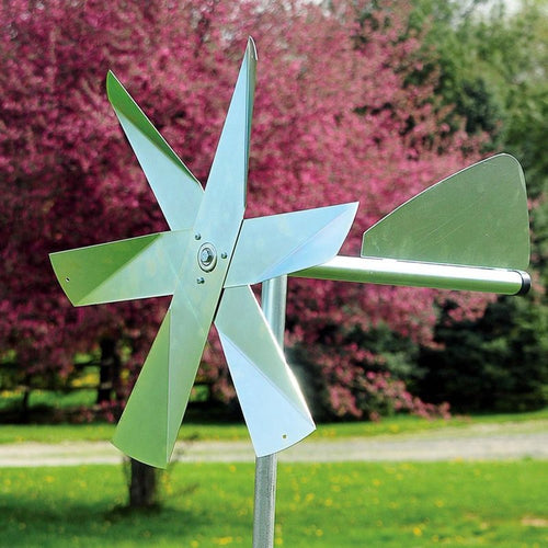Handcrafted Amish-made mole chaser with reflective metal blades and tail vane on a sturdy post, designed for humane pest control in Farm, Garden & Tool, Lawncare, Pest Control, Best Sellers, and Promo Eligible collections.