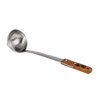 Stainless steel soup ladle with large bowl and wooden handle featuring engraved design, handcrafted for easy serving in camping, kitchen, and farm settings.