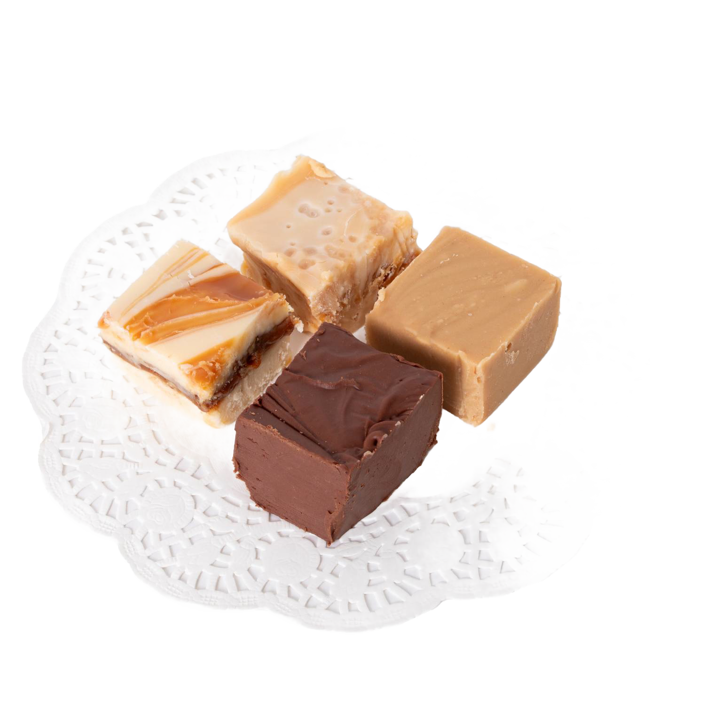Four handcrafted creamy fudge squares in varied flavors including chocolate, praline, and caramel swirled, arranged on a white lace paper doily, ideal for Kitchen & Food and Snacks and Sweets collections.