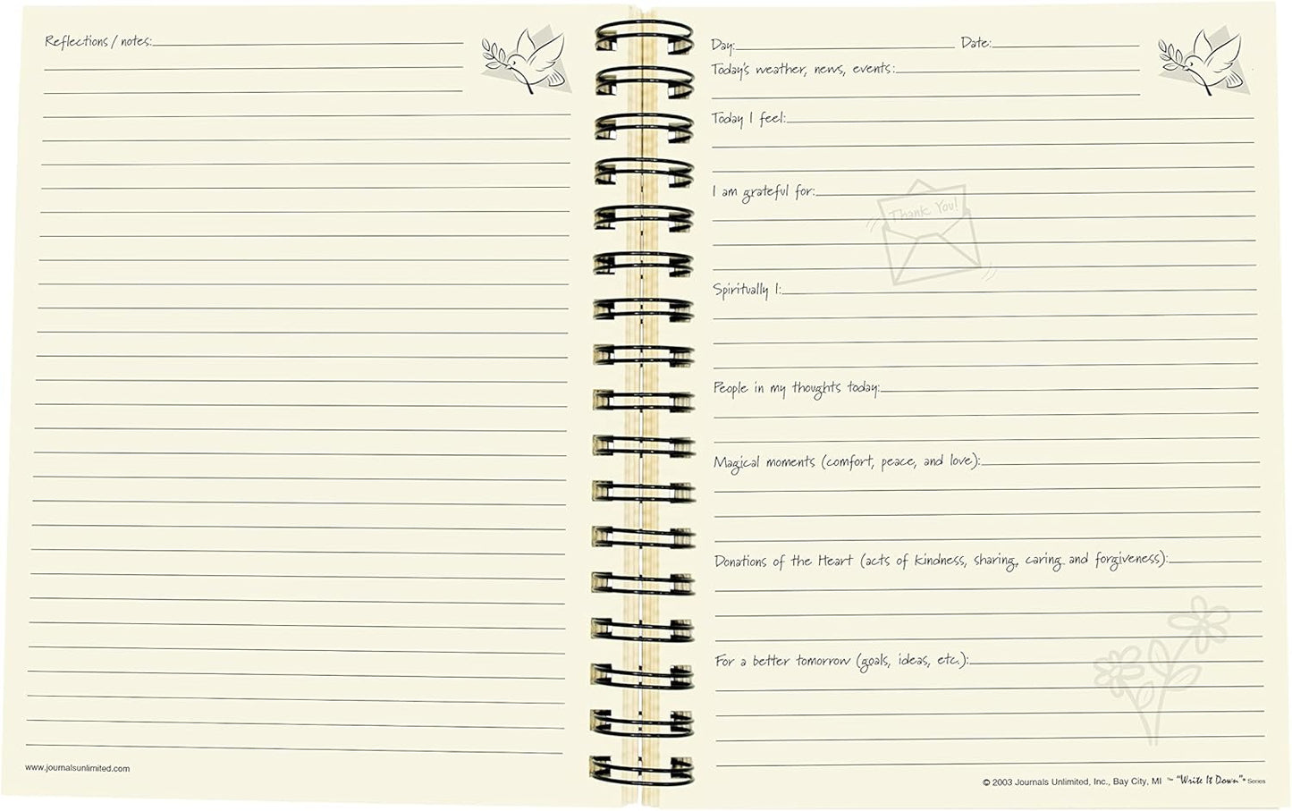 Open spiral-bound guided gratitude journal with lined pages and prompts for daily reflections, spiritual thoughts, and moments of kindness, featured in Heritage and Lifestyle Books collections.