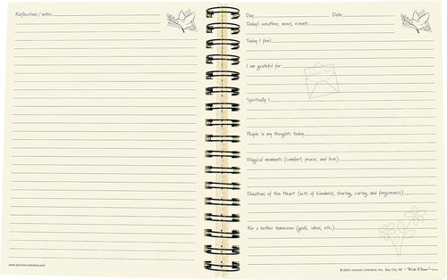 Open spiral-bound guided gratitude journal with lined pages and prompts for daily reflections, spiritual thoughts, and moments of kindness, featured in Heritage and Lifestyle Books collections.