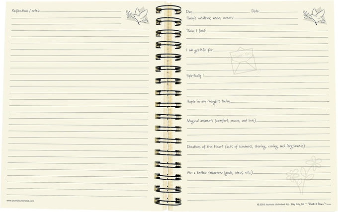 Open spiral-bound guided gratitude journal with lined pages and prompts for daily reflections, spiritual thoughts, and moments of kindness, featured in Heritage and Lifestyle Books collections.