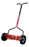 Red reel mower with ergonomic black handle and wide rubber wheels, designed for quiet, efficient lawncare, featured in Farm, Garden & Tool, Best Sellers, and Promo Eligible collections.